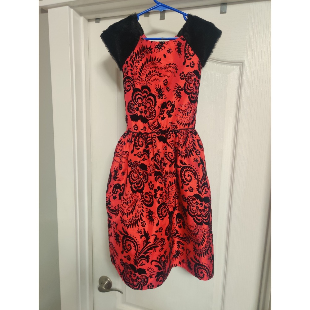 Wonder Nation Girls Red Black Damask Faux Fur Holiday Party Dress Size 12 - Picture 5 of 7